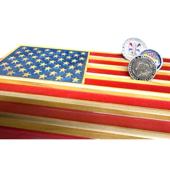 Wooden American Flag Challenge Coin Desk Display Holder Gift - Picture 3 of 4